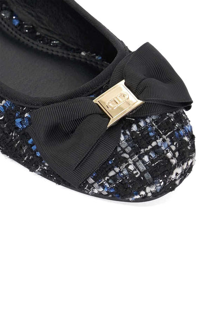 Dune London navy tweed ballet flat toe with black bow and gold logo plaque detail