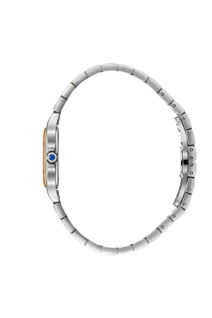 Two-tone stainless steel wristwatch case and link bracelet side view