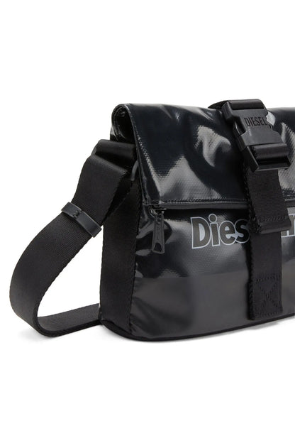 Black Diesel messenger bag with adjustable shoulder strap and front logo patch