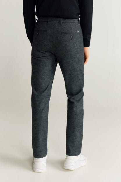Dark gray heather straight-leg trousers with side pockets and belt loops.
