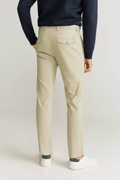 Beige chino trousers with belt loops, zip fly, flap details, straight leg