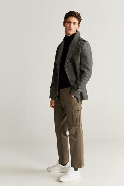 Khaki cargo pants with wide leg and front flap cargo pockets