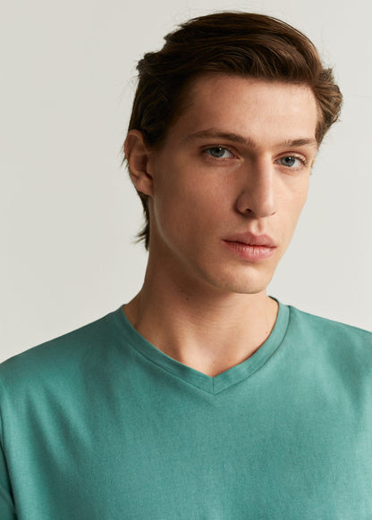 Men's mint green V-neck T-shirt neckline close-up