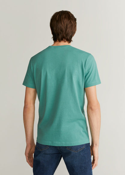 Men's mint green V-neck T-shirt, back view, short sleeves