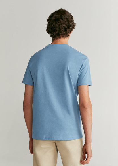 Men's light blue V-neck T-shirt, short sleeves, back view
