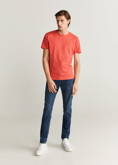 MANGO men’s crew-neck T-shirt, coral red, short sleeves, straight hem