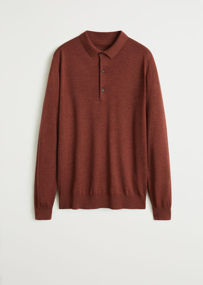 Burnt orange long-sleeve polo shirt with button-front and ribbed cuffs
