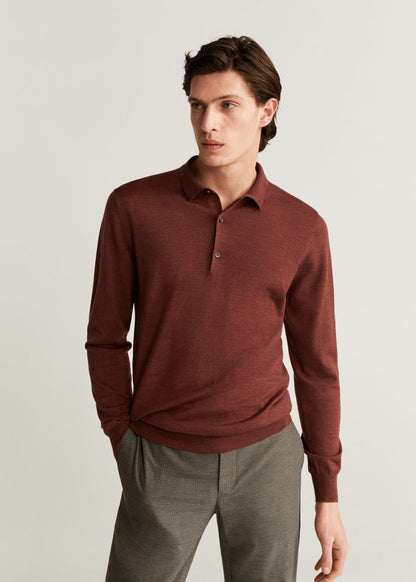 Men's long-sleeve polo shirt, burnt orange knit with button-front and collar