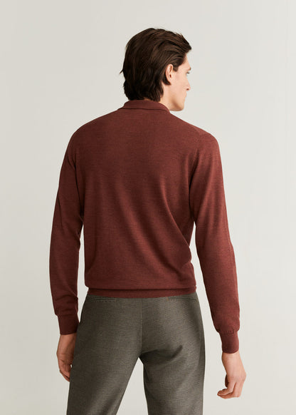 Men's burnt orange long-sleeve polo shirt, back view with collar and ribbed cuffs