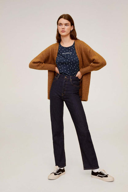 Navy denim jeans with straight legs, dark wash, button fly, and belt loops.