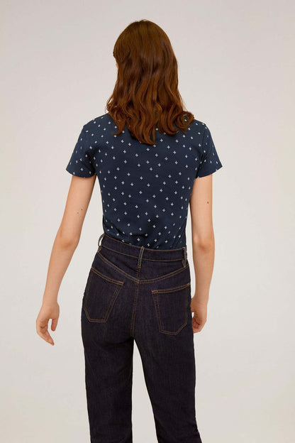 Navy short-sleeve T-shirt with allover pattern, back view