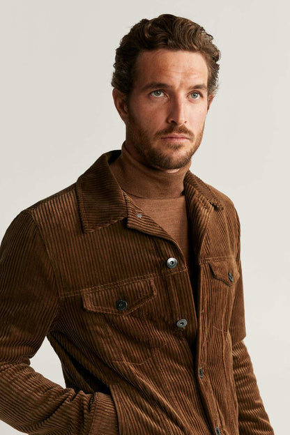 Men's cognac corduroy jacket close-up with stand collar and chest button pocket