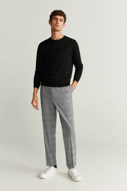 Men's light grey check tailored trousers, tapered leg and ankle-length hem