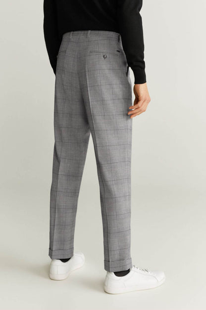 Men's light grey check trousers, straight-to-tapered leg with side seam detail