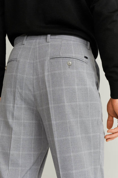 Light heather grey plaid trousers: belt loops, button closure, back view