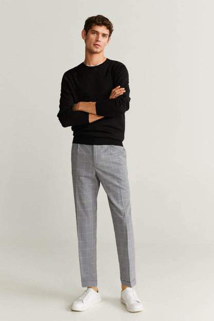 Light heather grey plaid trousers with drawstring waist, cuffed hems