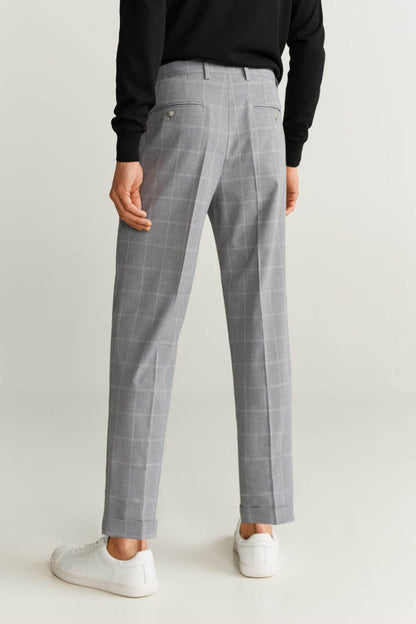 Light heather grey plaid trousers, straight leg fit with drawstring waist