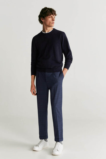 Men's dark navy plaid trousers, full length straight leg, button fly