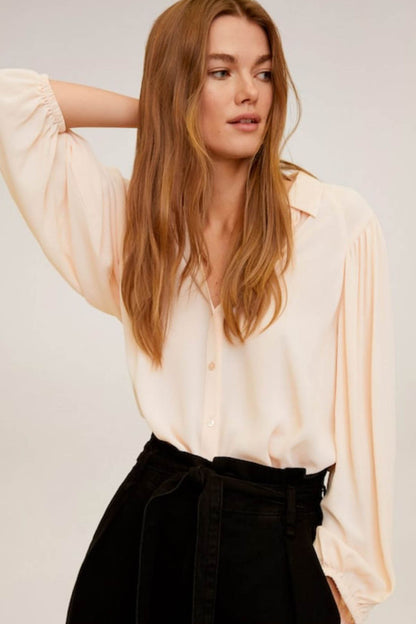 Light pink blouse with puff sleeves and button front; black belted waist trousers close-up