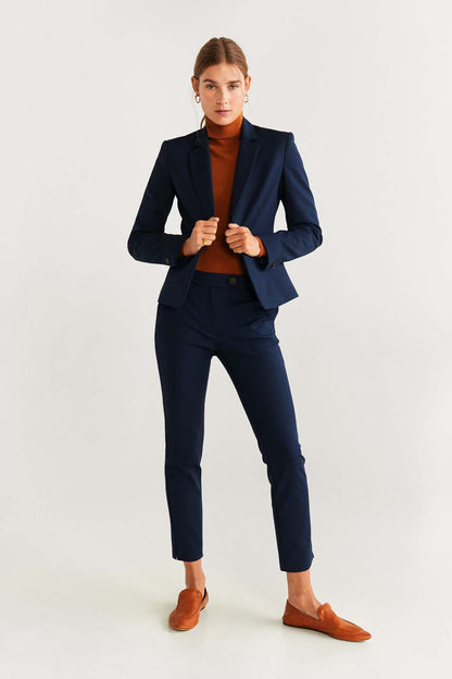 Women's navy blazer with notch lapel, long sleeves, single-button front