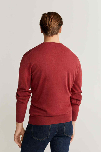 MANGO red crewneck knit sweater, back view, ribbed cuffs and hem