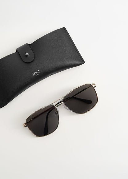 Gold metal square sunglasses with dark lenses and black protective case