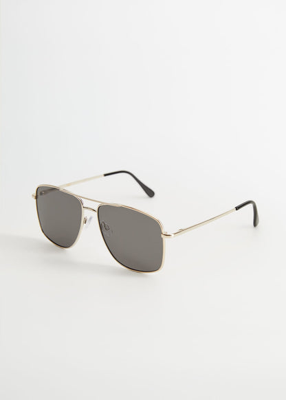 Gold metal square sunglasses with dark lenses, black temple arms