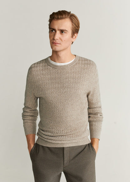 Beige textured knit crewneck sweater, long sleeves