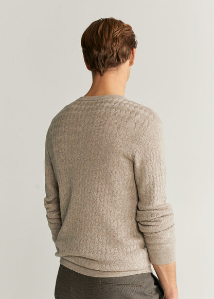 Beige textured knit crewneck sweater, ribbed cuffs and hem