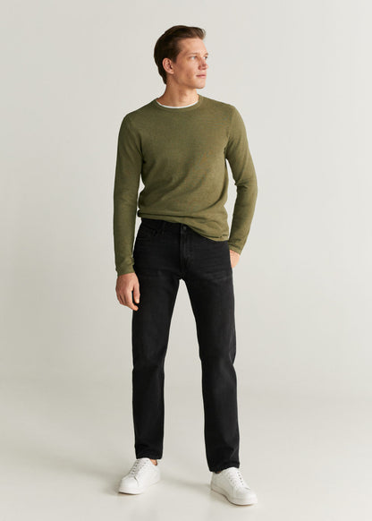 Black denim jeans, straight leg with five-pocket styling and button closure