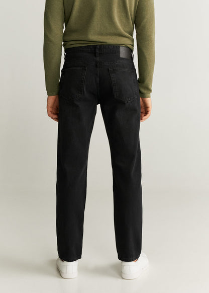 Black denim jeans with straight leg, belt loops, and button closure