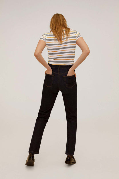 MANGO striped short-sleeve top with dark jeans, back view