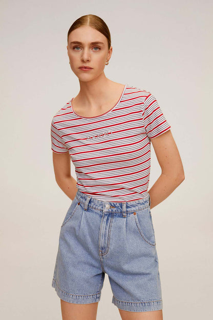 Blue, red, and white striped crew-neck T-shirt with short sleeves