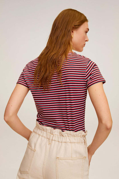 MANGO red and white striped T-shirt with cream jogger pants, side pockets and elastic waist