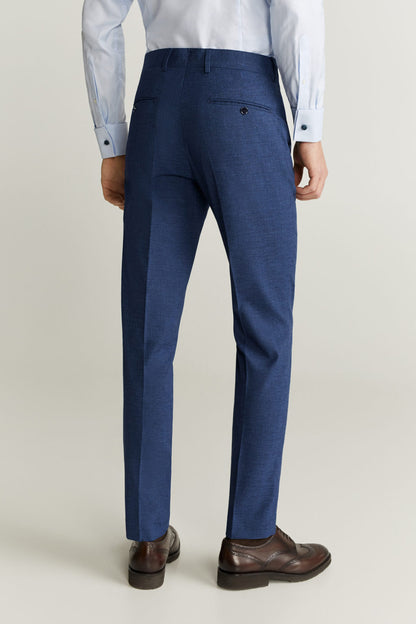 Men's dark blue suit trousers, front view with belt loops and button closure