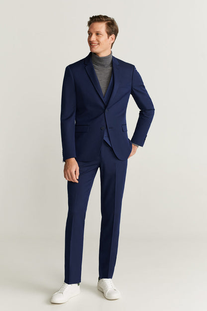 Men's dark blue suit trousers with belt loops and slim straight leg