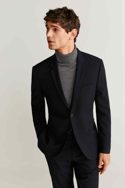 Men's black suit jacket with notch lapels and one-button front
