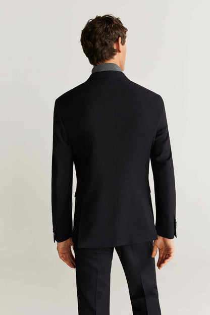 Men's black suit jacket, back view with tailored shoulders