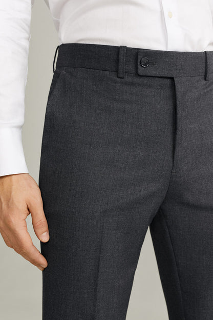 Men's dark grey dress trousers waistband with belt loop and button tab