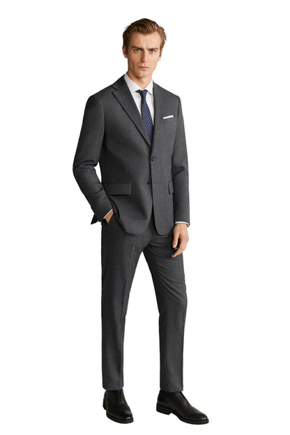 Men's dark grey dress trousers with crease lines and straight tapered fit