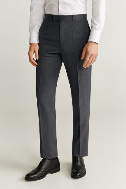 Men's dark grey dress trousers with belt loops, pleat-front, and tapered straight legs