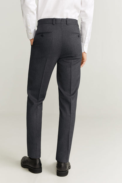Men's dark grey pleated dress trousers with side pockets and straight tapered legs