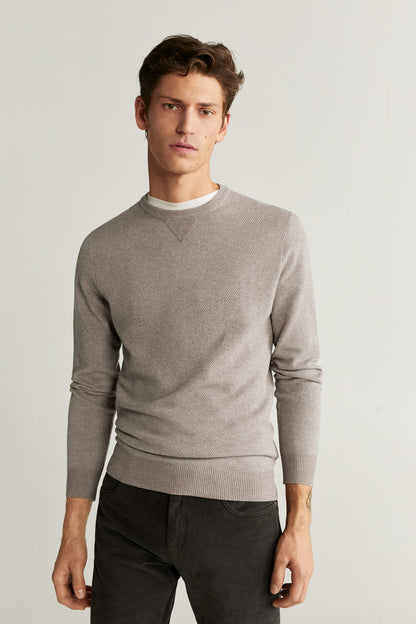 Men's knit sweater, light gray, crew neck with ribbed cuffs and hem