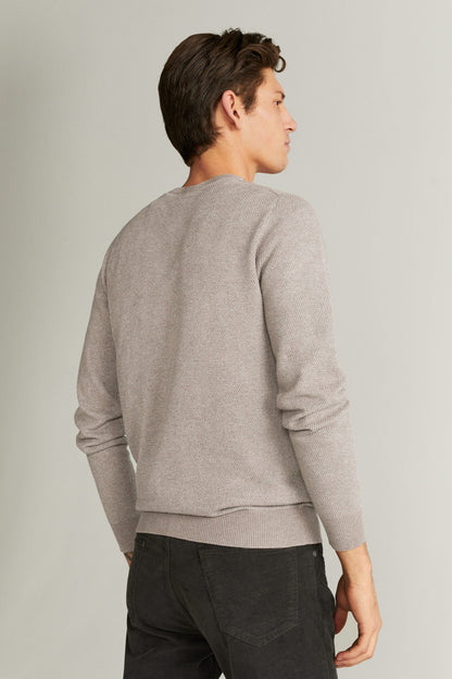 Men's knit sweater, light gray crew neck, long sleeves, back view