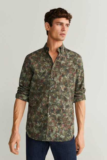 Men's khaki camo button-up shirt with long sleeves and button front