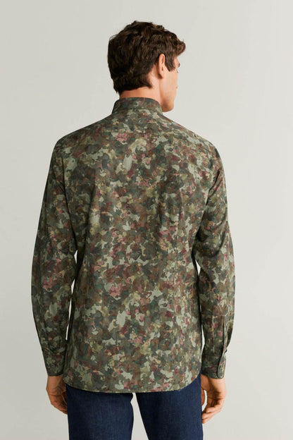 Men's khaki camo button-up shirt, back view, long sleeves