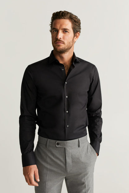 Black button-up dress shirt with long sleeves and spread collar.