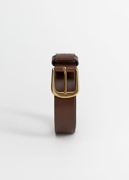 Brown leather belt with single prong buckle and stitched strap end
