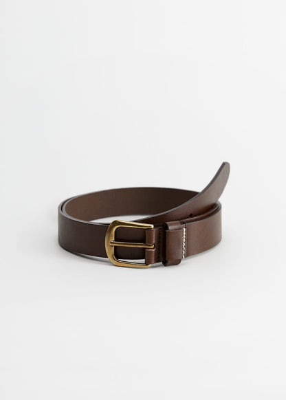 Brown leather belt with gold-tone buckle and adjustable holes