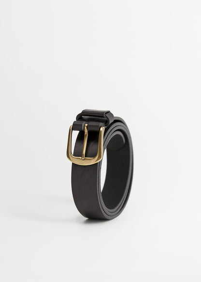 Black leather belt with gold buckle, side view with stitched strap edge